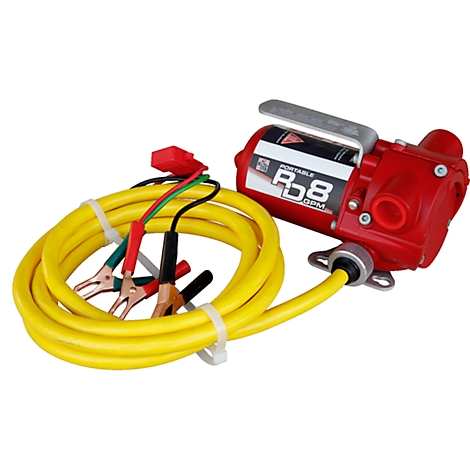 Red pump with yellow hose and black and red cables. Inscription: RD8 GPM.