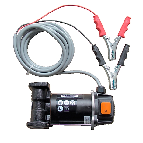 Black pump with orange button, red and black clamps, gray cable. Inscription: Danger.