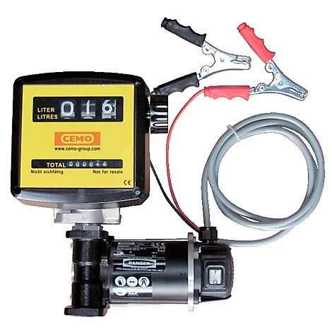 Fuel gauge with numbers, yellow dial, black housing, connected to clamps and a cable.