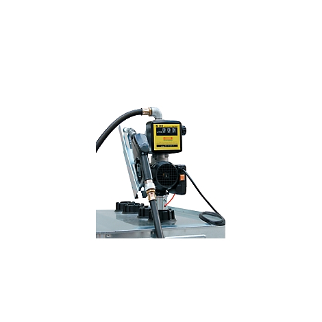 Diesel fuel pump with black hose and yellow meter.