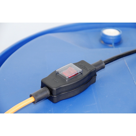 Close-up of a black cable with a red switch on a blue background. A yellow cable is also visible.