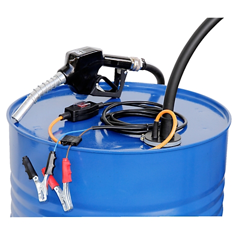 A blue barrel with a fuel nozzle and cables. Clamps attached, the hose goes to the pump.