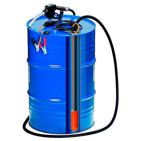 Blue barrel container with fuel nozzle and hose.