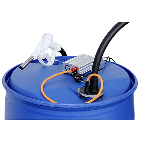 Blue barrel lid with fueling system, consisting of a fuel nozzle, power connection, and hose.