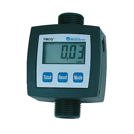 Black flow meter with digital display, shows 0.03 liters. Three blue buttons: Total, Reset, Mode.