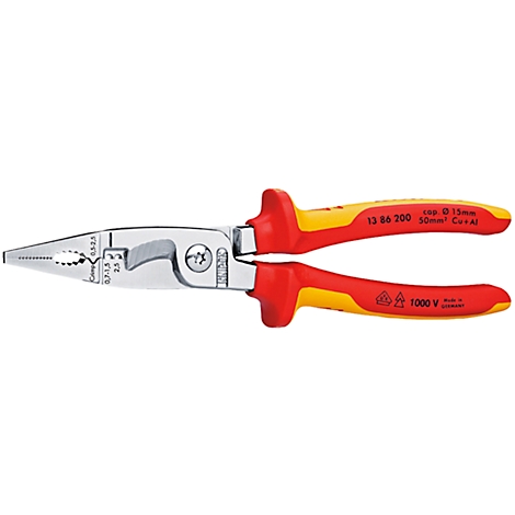 Knipex pliers. Red and yellow handles, silver tip with markings. Inscription: 1000 V.