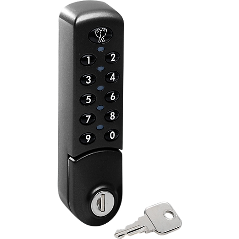 Black keypad lock with 0-9 keys and keyhole, next to a key.