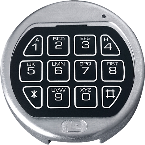 A silver keypad with black buttons and white lettering. Numbers and letters can be seen on the keys.