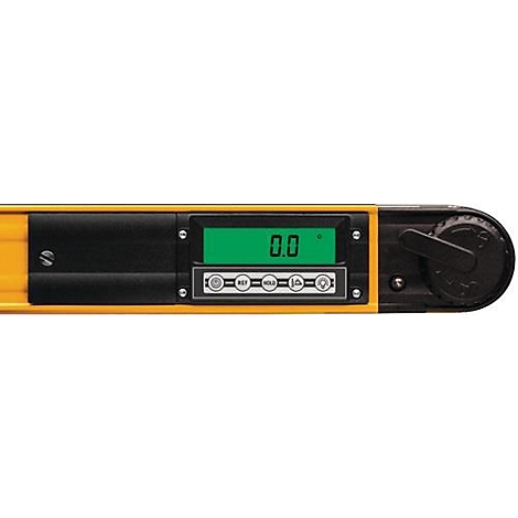 Close-up of a digital angle sensor with a green display showing 0.0 degrees. Buttons below for various functions.