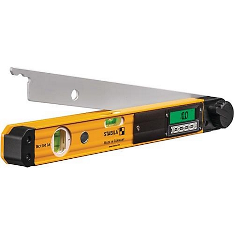 Yellow and black digital level with green display and silver angle attachment.