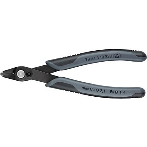 Black pliers with grey handles. Inscription: 78 61 140 ESD, max. Cu Ø 2,1 Fe Ø 1,4.