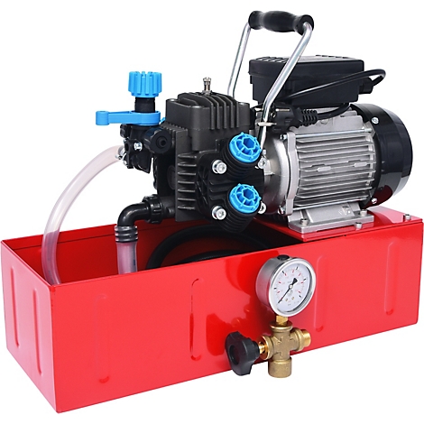 Rote Pumpe auf roter Basis, mit schwarzem Motor, blauen Ventilen und Manometer.
