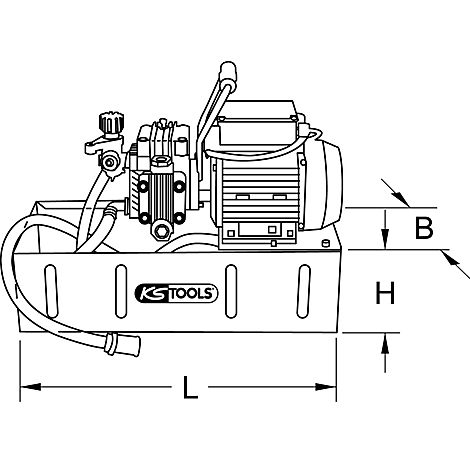 Zeichnung einer Hydraulikpumpe mit Maßangaben. Die Pumpe steht auf einem metallenen Untergrund, der KS TOOLS Schriftzug ist sichtbar.