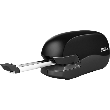 Zwarte nietmachine, van opzij gezien. De nietmachine heeft een zilveren schuif voor nieten. Aan de zijkant staat de tekst Rapid.