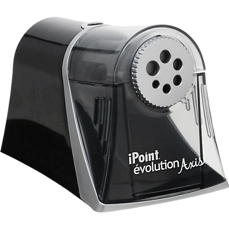 Een zwarte elektrische puntenslijper met zilveren accenten en de tekst iPoint évolution Axis.