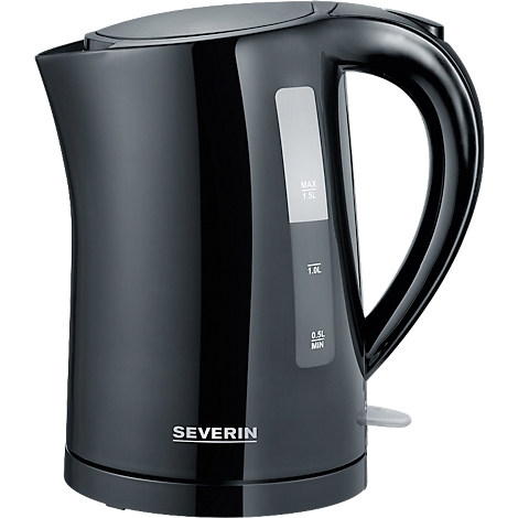 Zwarte Severin waterkoker met een waterpeilindicator en een maximale inhoud van 1,5 liter.