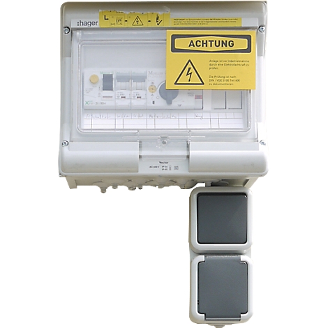 Elektronischer Sicherungskasten mit transparentem Deckel, Warnschild 'Achtung' und Steckdosen.