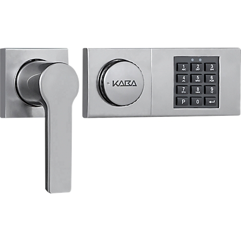 Zilveren deurklink met keypad en draaiknop met "KARA" opschrift.