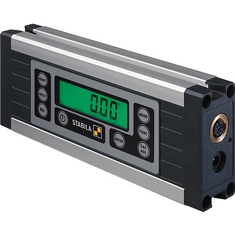 Een digitale waterpas met een groen display toont de waarde 0,00. De tekst "Stabila" en knoppen zijn zichtbaar.