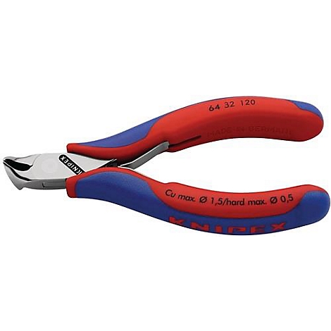 Knipex zijsnijder, rood-blauw, details zoals maat en logo herkenbaar.