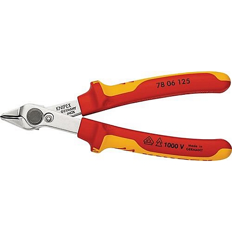 Zijkniptang, rood-geel, open. "KNIPEX GERMANY" staat op de handvatten.