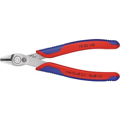 Rode en blauwe diagonale kniptang, type 78 03 140, met informatie over max. Cu Ø 2.1, Fe Ø 1.2.