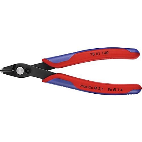 Draadknipper, rood en blauw, met tekst.