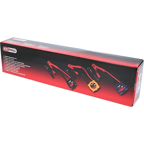 Eine lange, rechteckige Produktverpackung mit vier verschiedenen Starthilfekabeln in Rot und Schwarz.