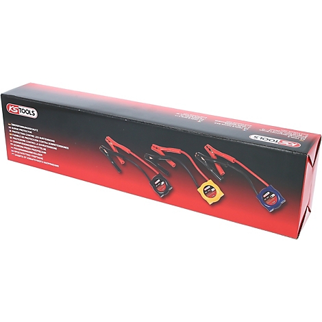 Eine Produktverpackung mit drei Starthilfekabeln mit farbigen Messgeräten. Die Verpackung trägt den Schriftzug "KS TOOLS".