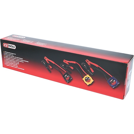 Produktverpackung mit roten und schwarzen Kabelklemmen. Der Karton hat Schriftzüge und das Logo 'KS TOOLS'.