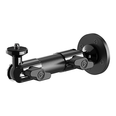 Support de caméra noir. Il se compose d'une rotule, d'un bras cylindrique et d'un support mural.