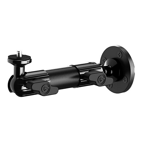 Support de caméra noir. Se compose de bras articulés avec vis de blocage et plaque ronde pour montage mural.