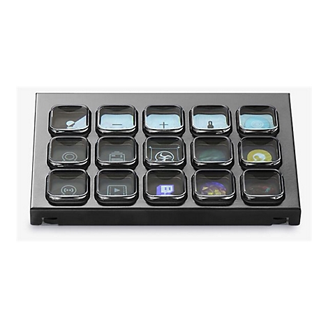 Schwarzes Bedienfeld mit 15 beleuchteten Tasten und Symbolen. Es könnte ein Stream Deck sein.