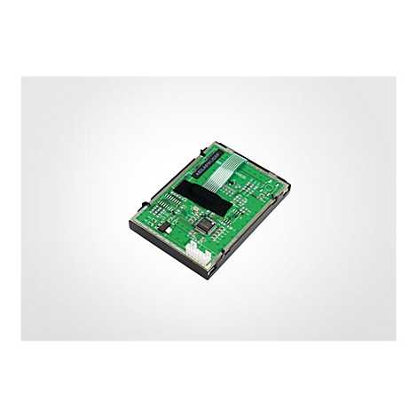 Eine grüne Leiterplatte mit elektronischen Bauteilen, Text wie AB3LA5161JGXIF. Auf hellem Hintergrund.