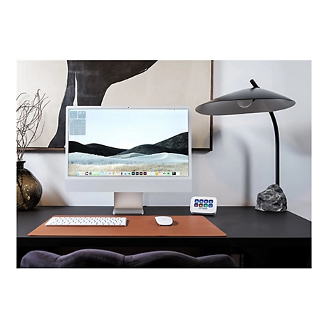 Ein moderner Schreibtisch mit iMac, Tastatur, Maus, Lampe und Dekor.