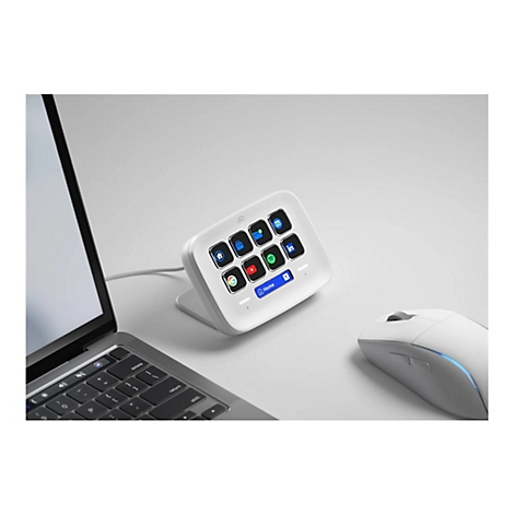 Weißes Bedienfeld mit App-Symbolen und einem Laptop, Maus. Auf dem Bildschirm steht Home.