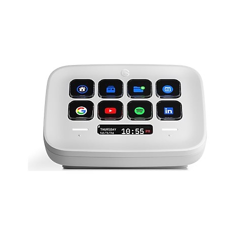 Weißes Gerät mit quadratischer Form, schwarzen Touch-Tasten und Uhrzeit- und Datumsanzeige. Auf den Tasten: Home, Ordner, Google, YouTube, Spotify, LinkedIn.