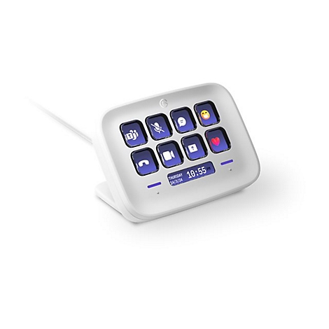 Weißes Touchscreen-Gerät mit Icons für Videoanrufe, Nachrichten und Emojis. Datum und Uhrzeit werden angezeigt.