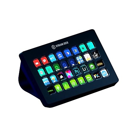 Schwarzes Stream Deck mit beleuchteten Tasten, die verschiedene Apps und Funktionen symbolisieren.