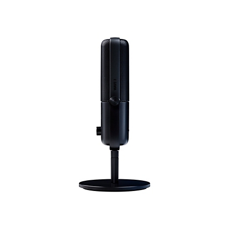 Microphone noir sur pied, lettrage Wave 3, motif perforé.