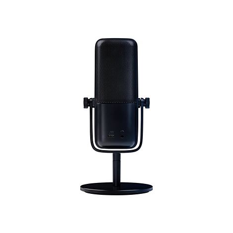 Microphone noir avec base ronde et tête en mesh ; prise USB et casque.