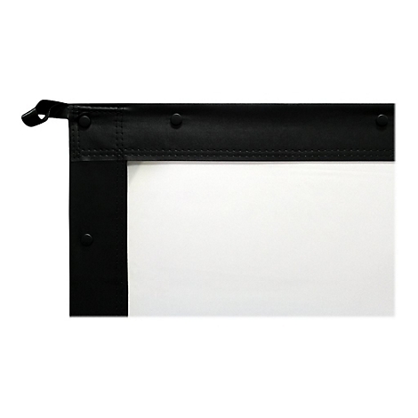 Detailaufnahme einer Projektionsleinwand. Schwarzer Rahmen mit Nieten an weiÃŸer Leinwand.