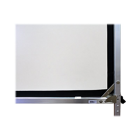 Nahaufnahme einer Projektionsleinwand. Die Leinwand selbst ist weiÃŸ, mit einem schwarzen Rahmen und einem silbernen Metallrahmen.