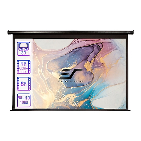 Elektrische Leinwand von Elite Screens. Abgebildet sind Logos fÃ¼r 3D, 4K, 8K und Full HD. Der Hintergrund zeigt einen abstrakten bunten Wasserfarben-Effekt.
