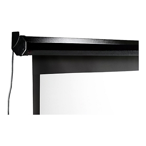 Ein schwarzer Projektor mit weiÃŸer Leinwand, die aus einer Halterung mit Kabel hÃ¤ngt.