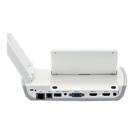 Nahaufnahme der RÃ¼ckseite eines weiÃŸen PrÃ¤sentationsgerÃ¤ts mit verschiedenen AnschlÃ¼ssen, darunter HDMI und USB.
