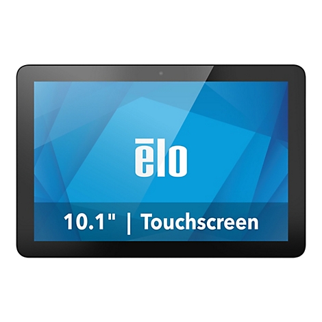 Schwarzes Tablet mit blauem Bildschirm und weiÃŸem Logo. Text: 10,1 Zoll Touchscreen.