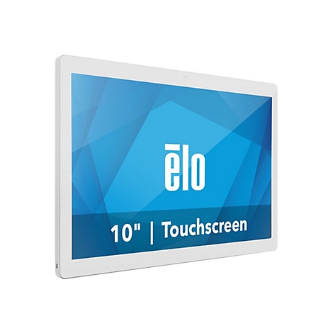 Weißes Tablet mit blauem Bildschirm, Elo Logo, 10" Touchscreen.