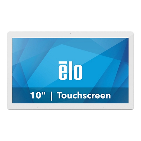 Elo Touchscreen, 10 Zoll, weißes Gehäuse, blauer Hintergrund.
