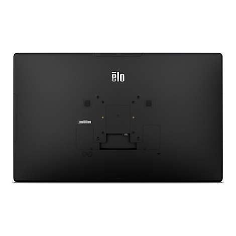Rückseite eines schwarzen Touchscreens. Elo-Logo oben, Anschlüsse und Knöpfe unten. Das Gerät hat abgerundete Ecken.